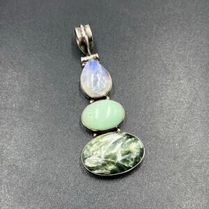 Green Chalcedony Seraphinite Moonstone Sterling Silver 925 Pendant‎